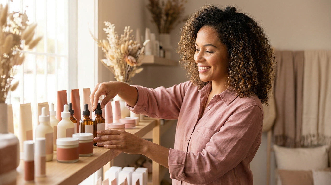 Emprendedora de belleza revisando su surtido de productos comprados al por mayor
