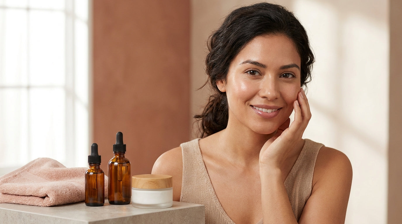 Mujer con piel radiante junto a productos de skincare