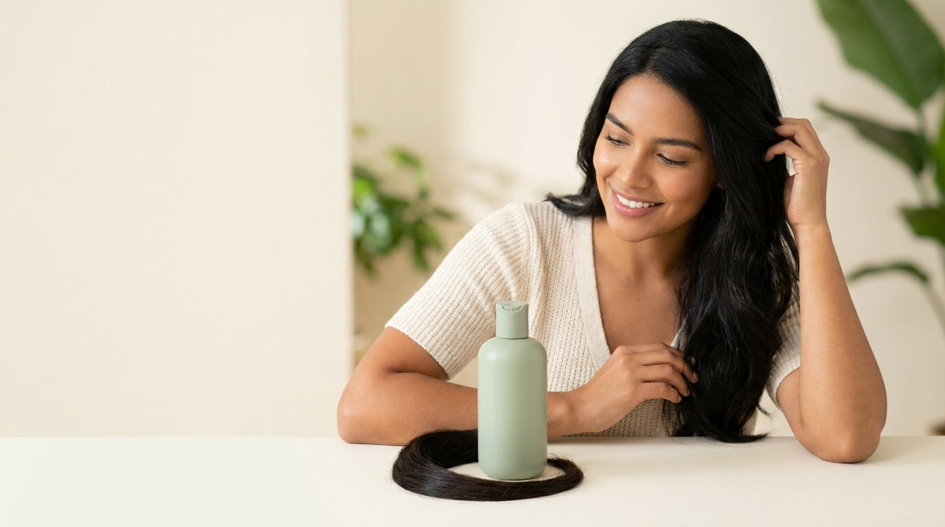 Mujer con cabello sano y brillante lavándose con shampoo sin sal