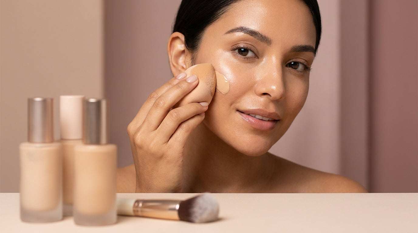 Mujer aplicando base de maquillaje junto a productos de rostro