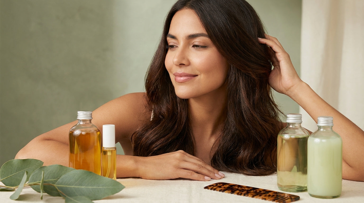 Mujer con cabello sano y brillante rodeada de productos de cuidado capilar