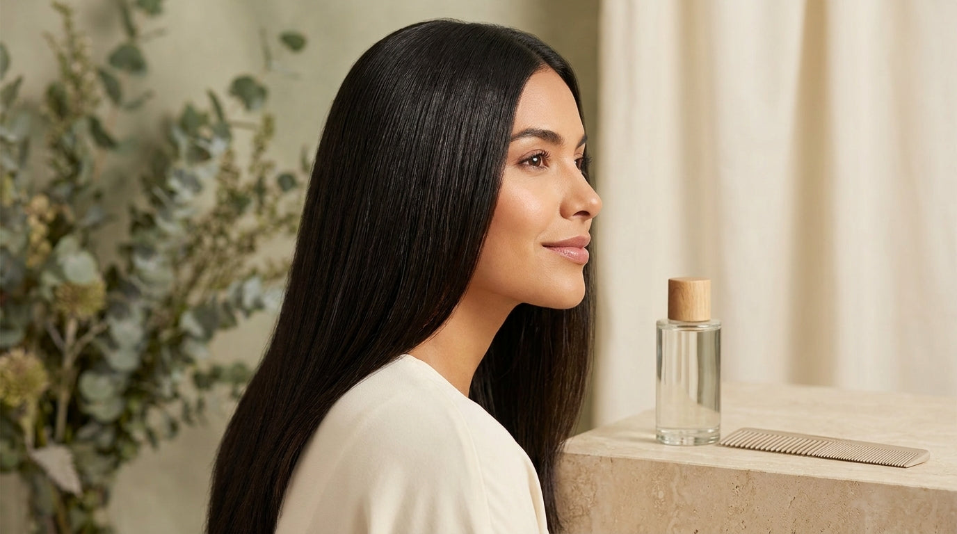 Mujer con cabello liso brillante junto a tratamiento de keratina