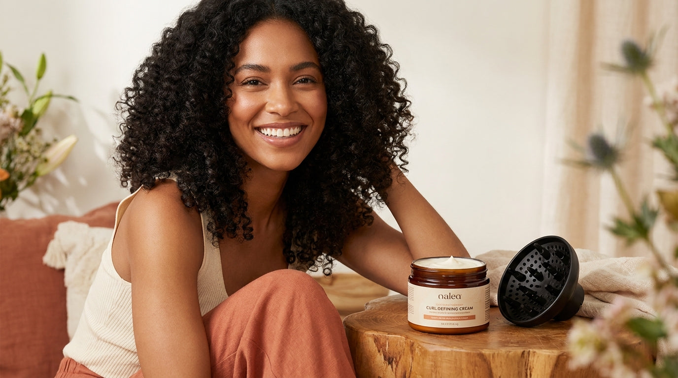 Mujer con rizos definidos junto a crema para rizos