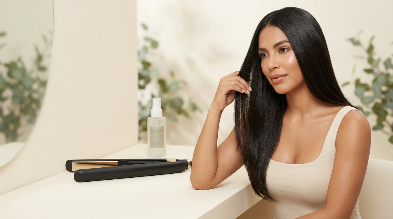 Mujer con cabello liso y brillante junto a una plancha para el cabello profesional