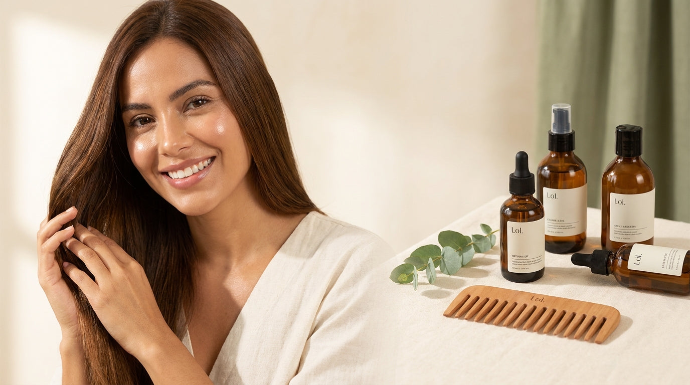 Mujer con cabello sano junto a productos de cuidado capilar