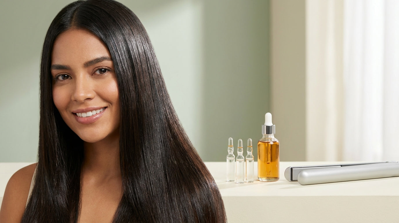 Mujer con cabello liso de brillo espejo, tendencia glass hair, junto a ampolletas y serum capilar