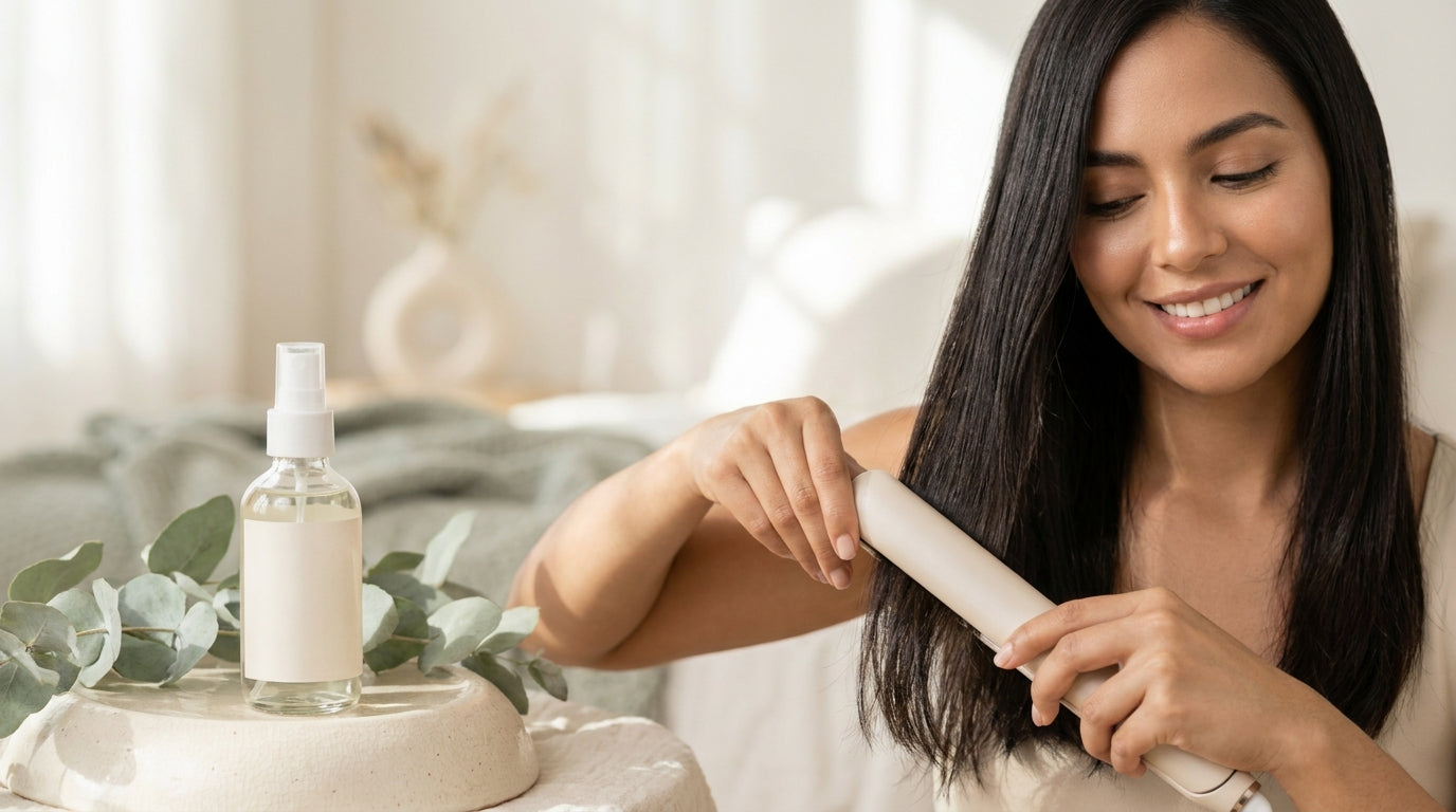 Mujer planchando su cabello junto a spray termoprotector
